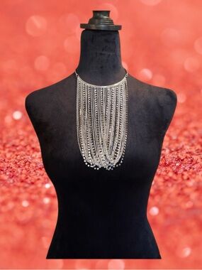 WHBM Y2K Goth Glam Silver Waterfall Multi-Strand Chain Bib Statement Necklace OS
